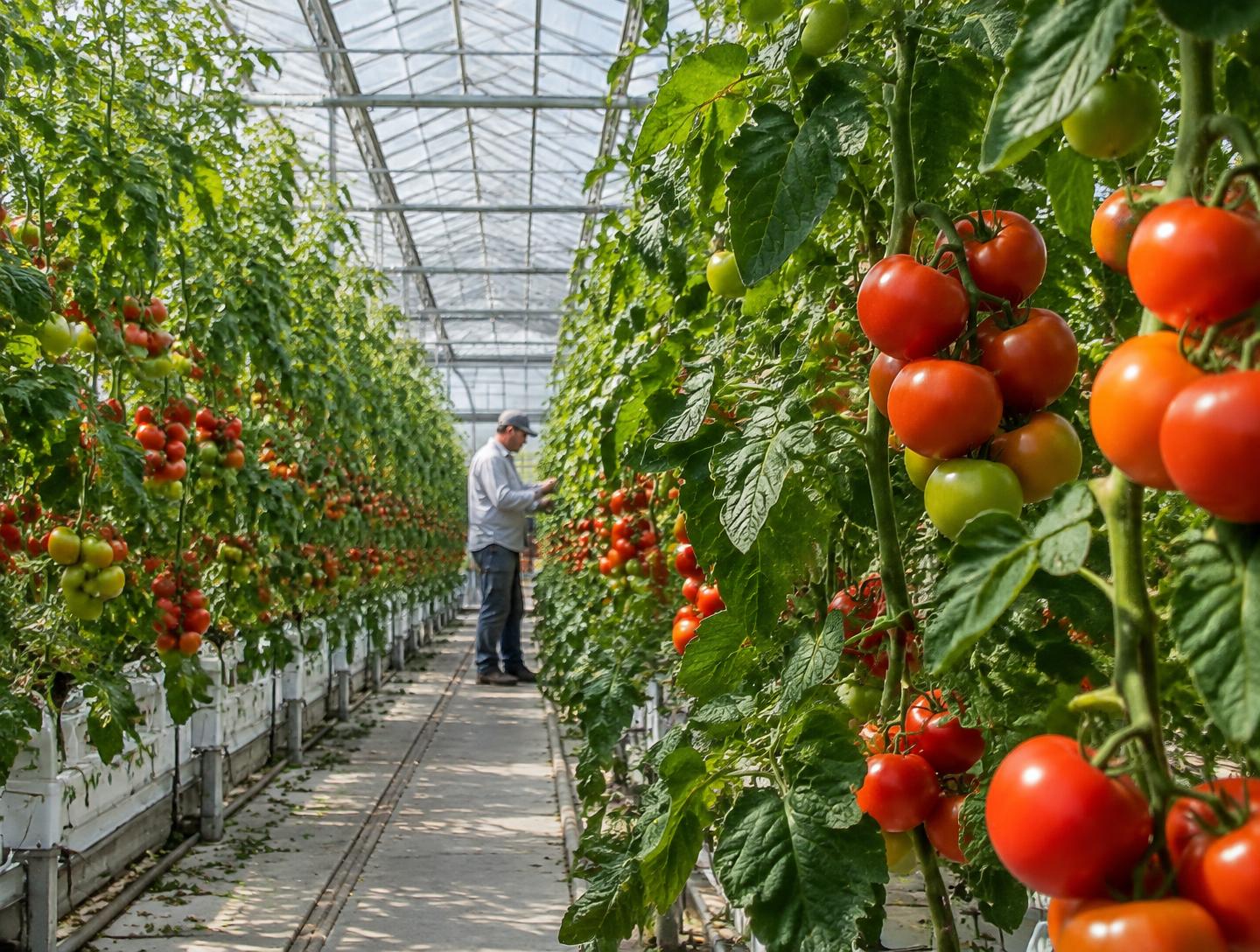 Tomatoes growing in a sunlit greenhouse